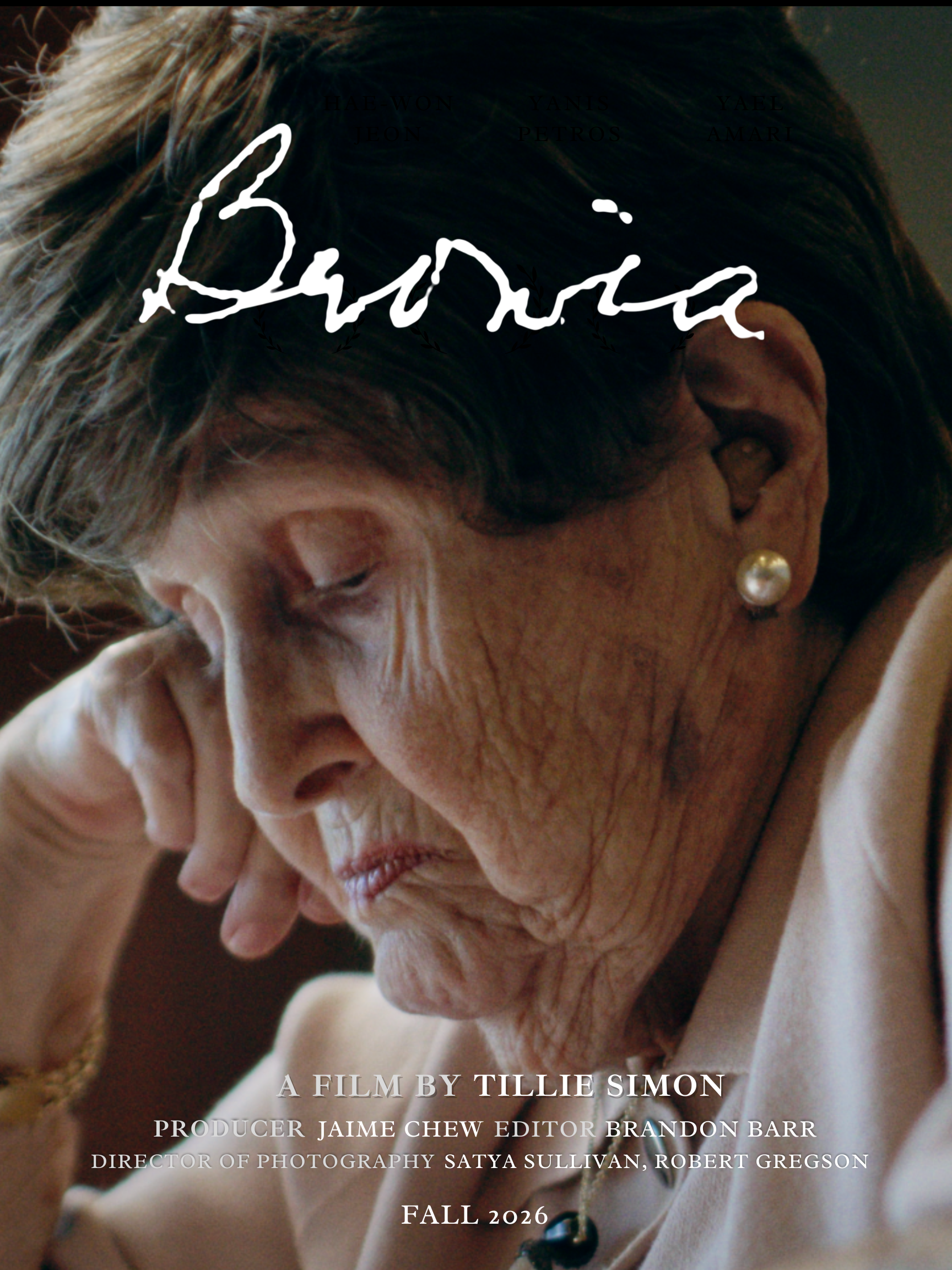 Poster for Bronia: an elderly woman with short dark hair and a pearl earring rests her head on her hand, eyes lowered. A film by Tillie Simon, Fall 2026.